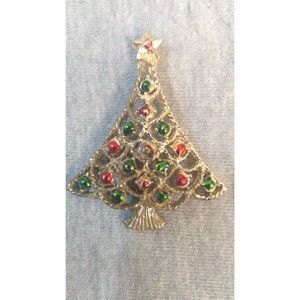 Vintage Gold Tone Rhinestone Holiday Christmas Tree Pin Brooch Broach